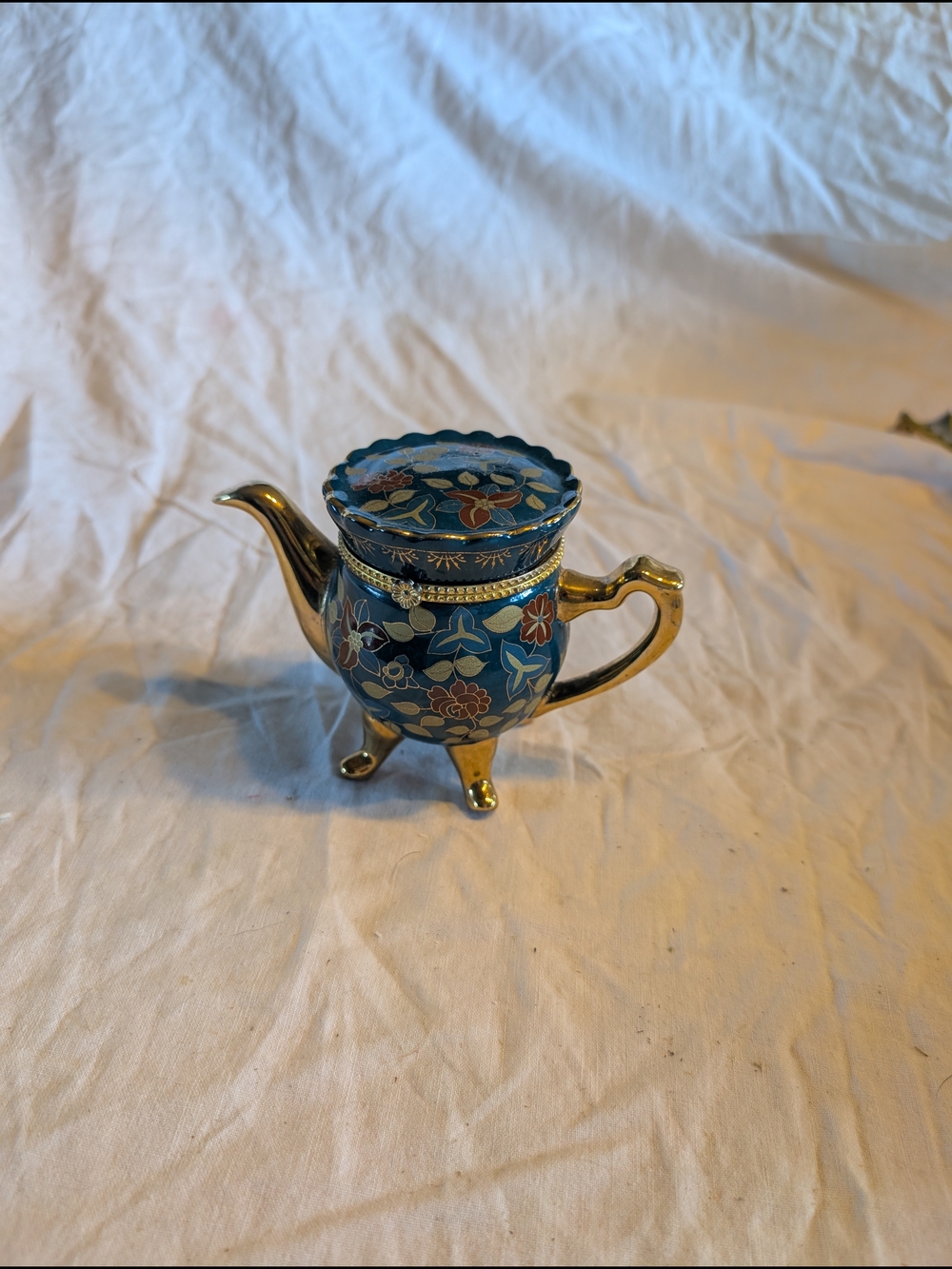 2/30$ Vintage Blue Floral Cloisonné Teapot trinket box with Gold Accents